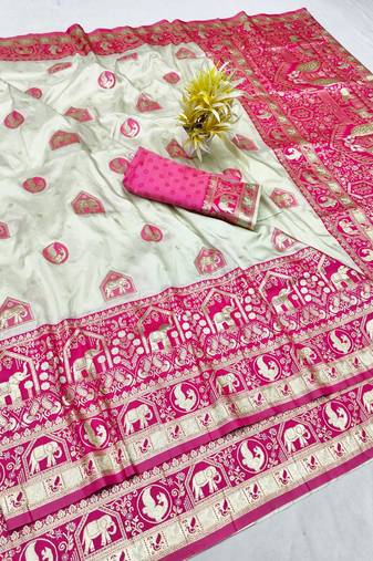 Cream zari woven banarasi silk traditional saree with blouse piece