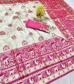 Cream zari woven banarasi silk traditional saree with blouse piece
