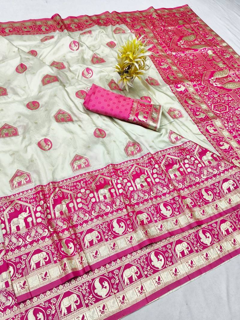 Cream zari woven banarasi silk traditional saree with blouse piece