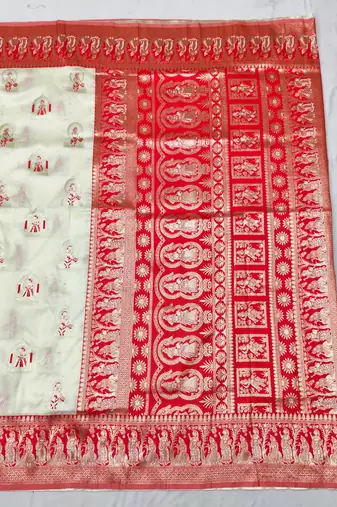 Cream zari woven baluchari silk traditional saree with blouse piece