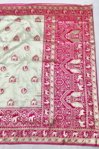 Cream zari woven silk traditional saree with blouse piece