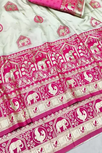 Cream zari woven silk traditional saree with blouse piece