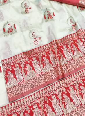 Cream zari woven baluchari silk traditional saree with blouse piece 3