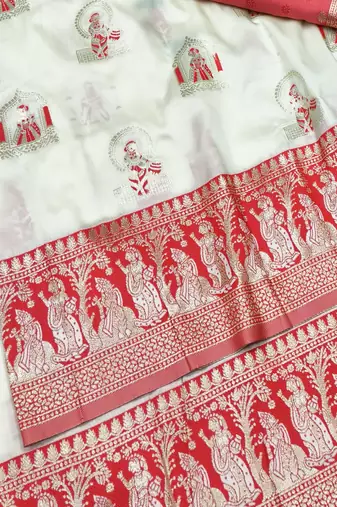 Cream zari woven baluchari silk traditional saree with blouse piece