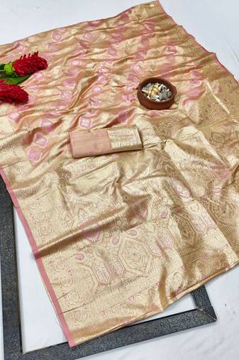 Pink zari woven satin silk traditional saree with blouse piece