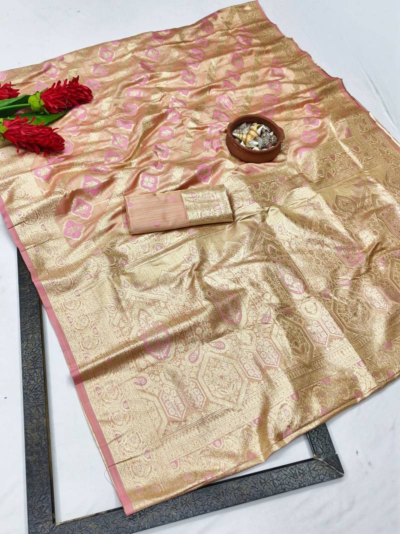 Pink zari woven banarasi satin silk traditional saree with blouse piece