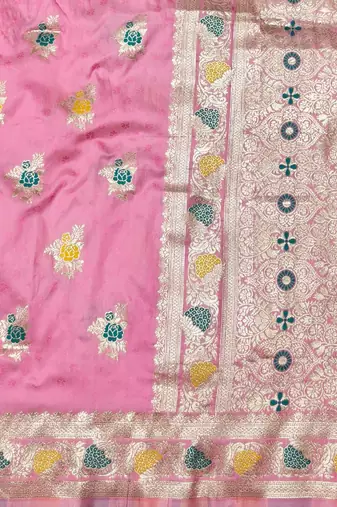 Pink zari woven silk traditional saree with blouse piece
