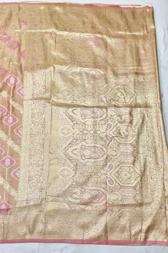 Pink zari woven satin silk traditional saree with blouse piece