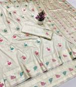 Cream zari woven banarasi silk traditional saree with blouse piece