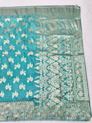 Blue zari woven banarasi silk traditional saree with blouse piece 1
