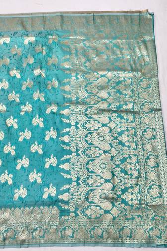 Blue zari woven banarasi silk traditional saree with blouse piece
