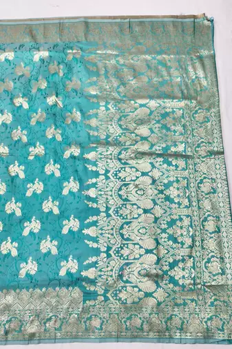 Blue zari woven banarasi silk traditional saree with blouse piece