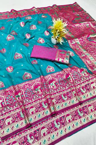 Rama zari woven banarasi silk traditional saree with blouse piece