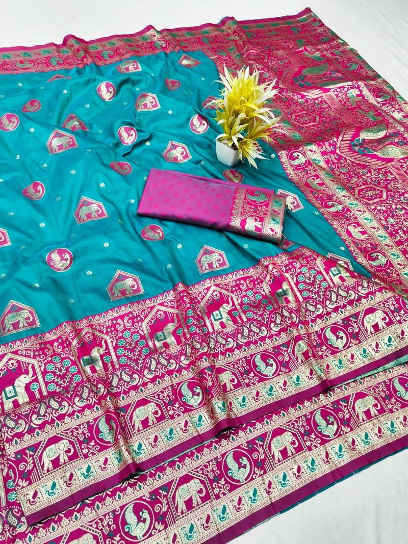 Rama zari woven banarasi silk traditional saree with blouse piece
