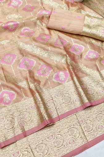 Pink zari woven satin silk traditional saree with blouse piece