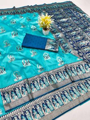 Blue zari woven baluchari silk traditional saree with blouse piece 1
