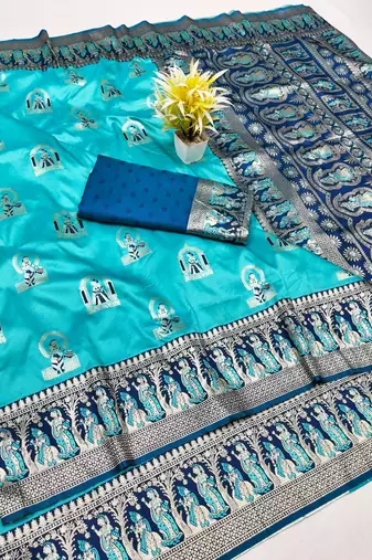 Blue zari woven baluchari silk traditional saree with blouse piece