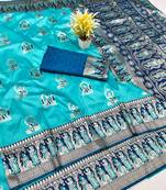 Blue zari woven baluchari silk traditional saree with blouse piece