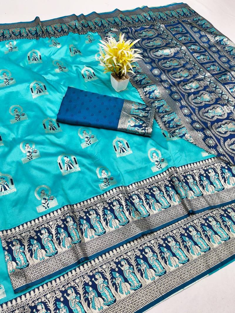 Blue zari woven baluchari silk traditional saree with blouse piece