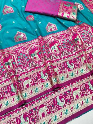 Rama zari woven silk traditional saree with blouse piece 3