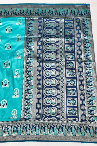 Blue zari woven baluchari silk traditional saree with blouse piece