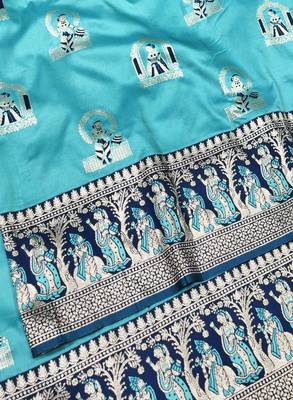 Blue zari woven baluchari silk traditional saree with blouse piece 3