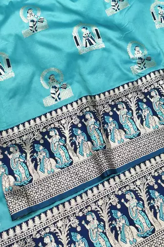 Blue zari woven baluchari silk traditional saree with blouse piece