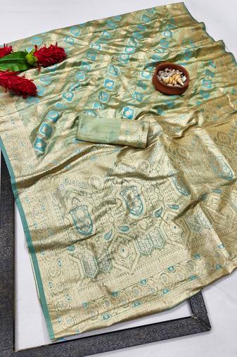 Firozi zari woven banarasi satin silk traditional saree with blouse piece