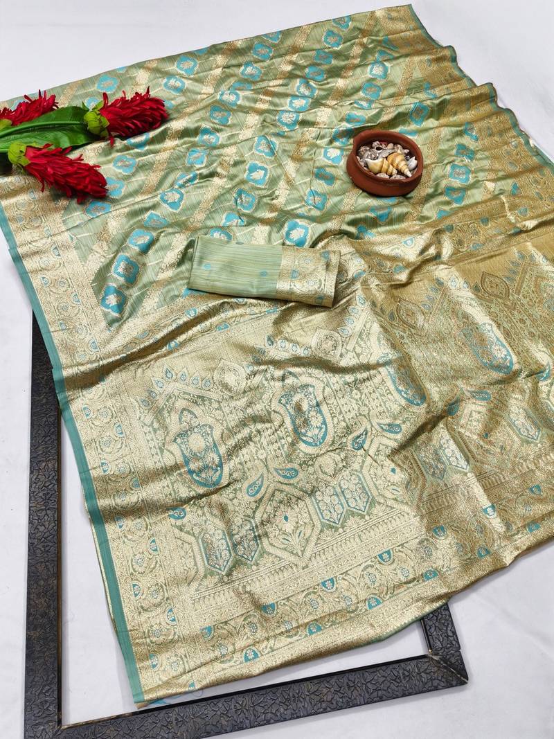 Firozi zari woven banarasi satin silk traditional saree with blouse piece
