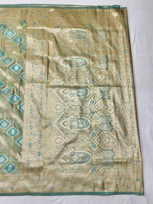 Firozi zari woven satin silk traditional saree with blouse piece 2