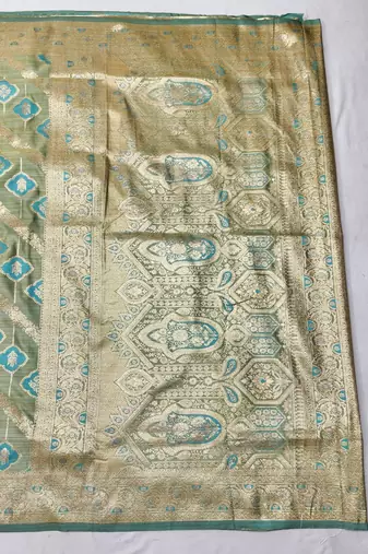Firozi zari woven satin silk traditional saree with blouse piece