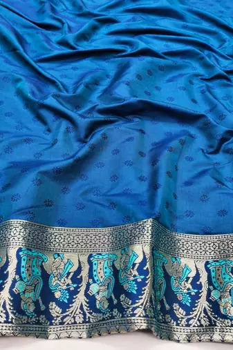 Blue zari woven baluchari silk traditional saree with blouse piece
