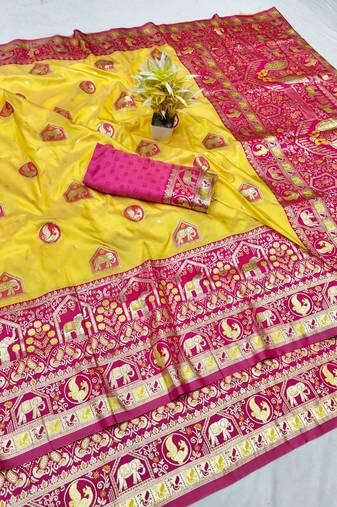 Gold zari woven silk traditional saree with blouse piece