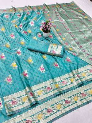 Blue zari woven silk traditional saree with blouse piece 1