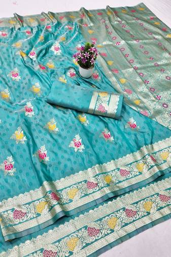 Blue zari woven silk traditional saree with blouse piece
