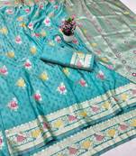 Blue zari woven banarasi silk traditional saree with blouse piece