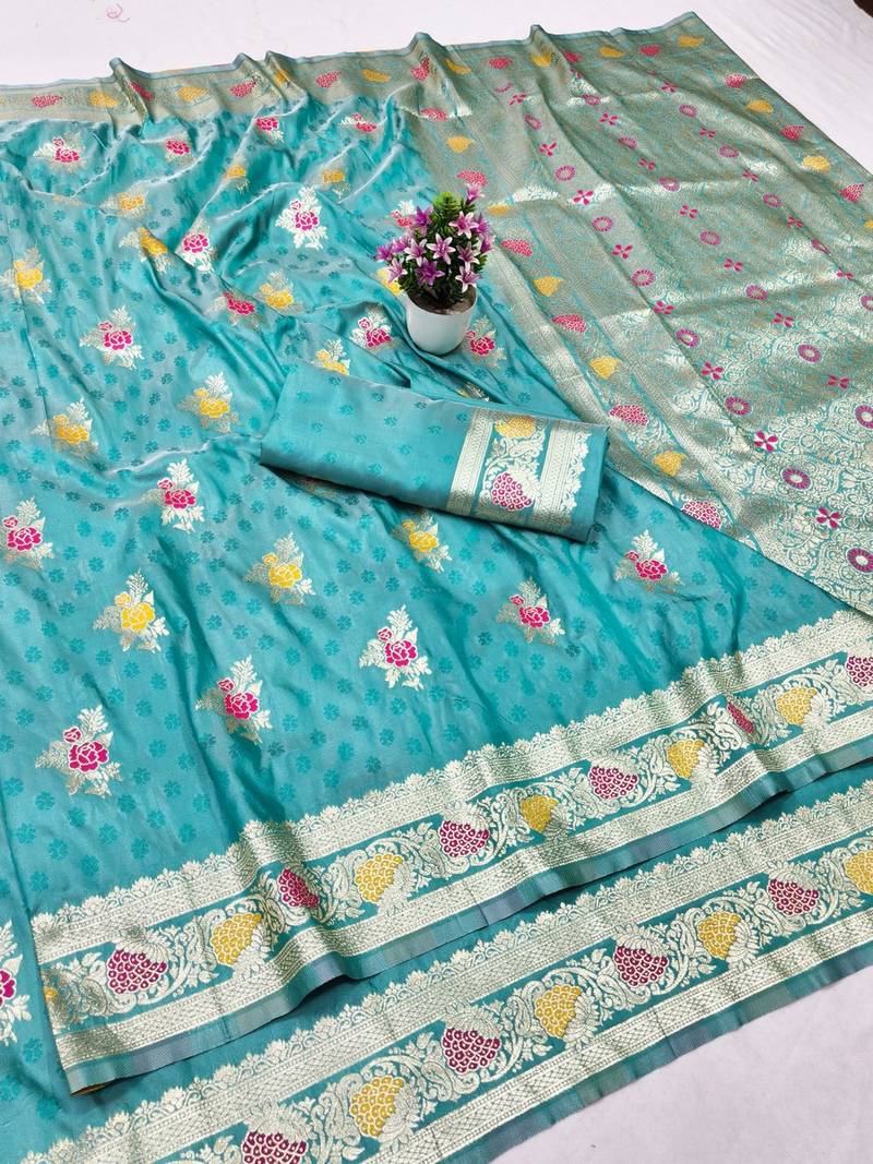 Blue zari woven banarasi silk traditional saree with blouse piece