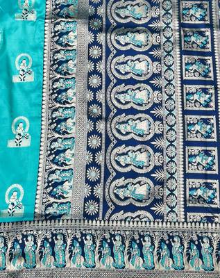 Blue zari woven baluchari silk traditional saree with blouse piece 5