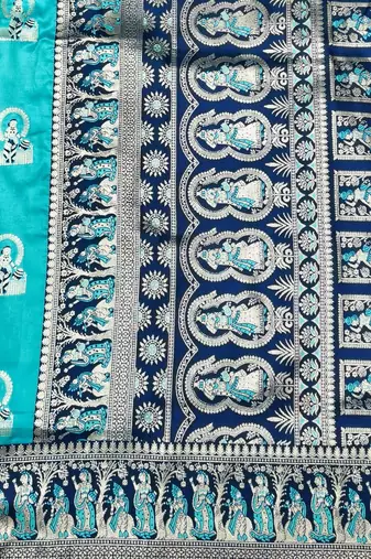 Blue zari woven baluchari silk traditional saree with blouse piece