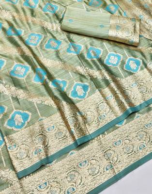 Firozi zari woven satin silk traditional saree with blouse piece 3