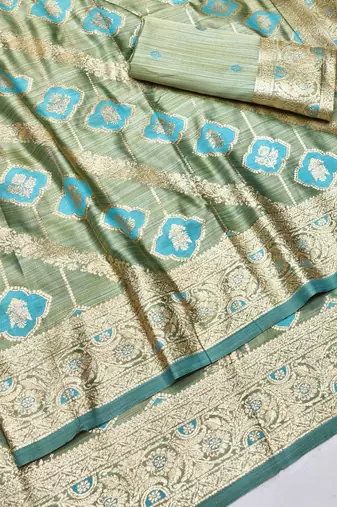 Firozi zari woven satin silk traditional saree with blouse piece