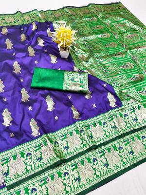Purple zari woven baluchari silk traditional saree with blouse piece 1