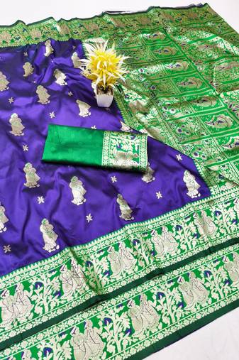 Purple zari woven baluchari silk traditional saree with blouse piece