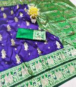 Purple zari woven baluchari silk traditional saree with blouse piece
