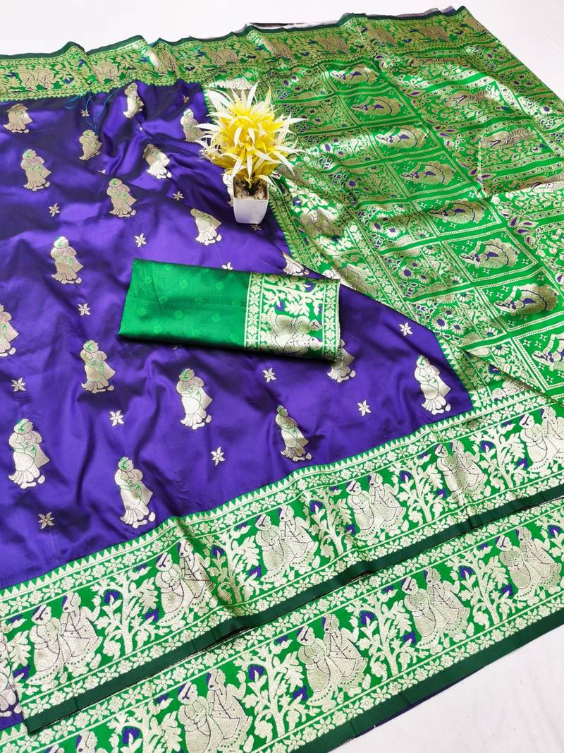Purple zari woven baluchari silk traditional saree with blouse piece
