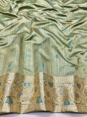 Firozi zari woven satin silk traditional saree with blouse piece 4