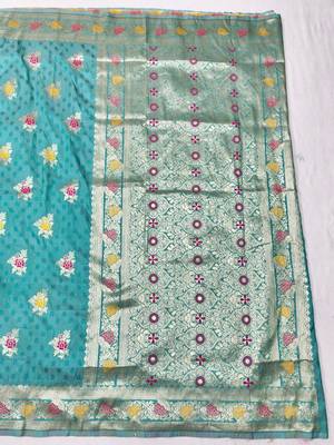 Blue zari woven silk traditional saree with blouse piece 2