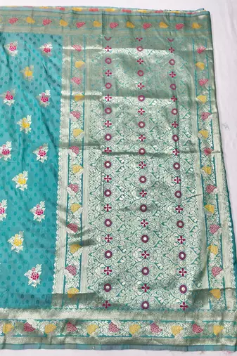 Blue zari woven silk traditional saree with blouse piece