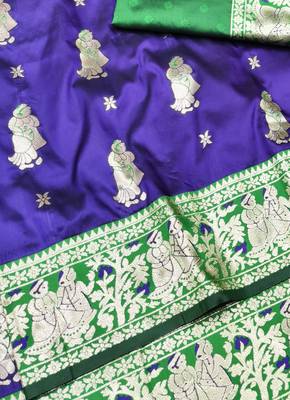 Purple zari woven baluchari silk traditional saree with blouse piece 3