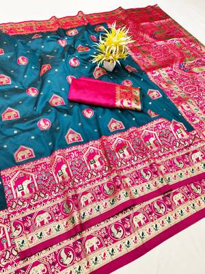 Morpich zari woven silk traditional saree with blouse piece 1